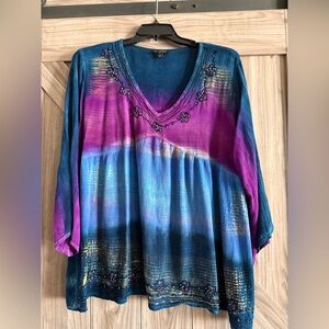 Vibrant Blue and Purple V-Neck Blouse